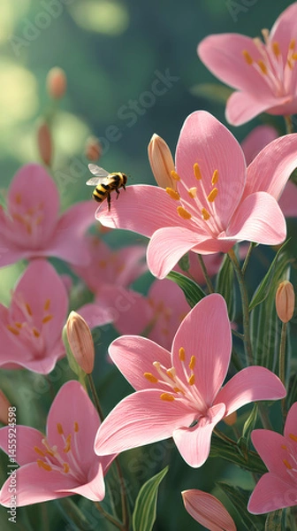Obraz Bees pollinating pink lilies in a serene nature garden close-up photography 3d animation
