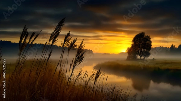 Obraz Tranquil sunset on serene riverbank a peaceful nature photography scene