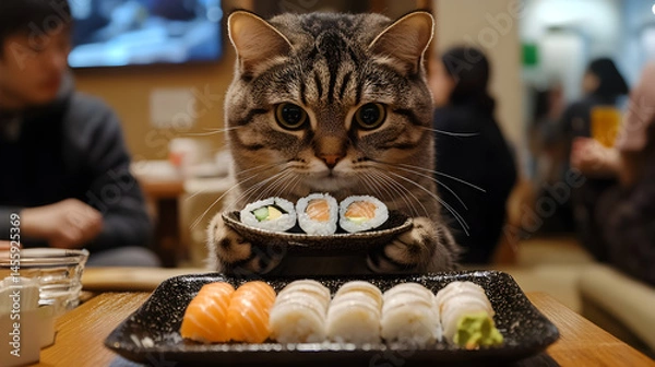 Obraz Cat waiter enjoying seerve sushi at a japanese restaurant culinary delight cozy atmosphere close-up. Funny meme style