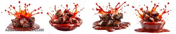 Fototapeta Delicious Barbecue Sauce Splash with Juicy Meat Cubes on White Background