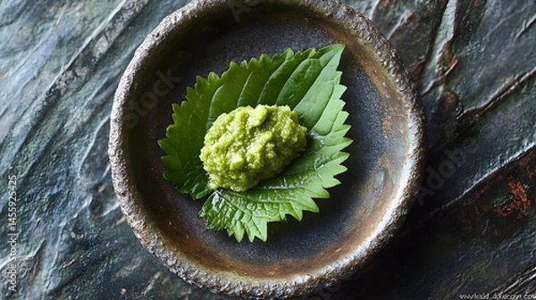 Obraz Japanese wasabi paste on shiso leaves culinary art restaurant close-up gourmet