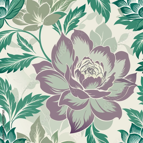 Fototapeta Vintage Botanical Floral Pattern in Faded Greens, seamless vector pattern  