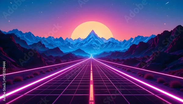 Fototapeta Retro Futuristic Synthwave Landscape Neon Highway Leading to a Sunlit Mountain Range