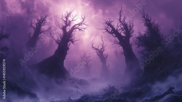 Fototapeta Mauve mist envelops a forest of petrified trees, their branches reaching skyward like skeletal fingers.