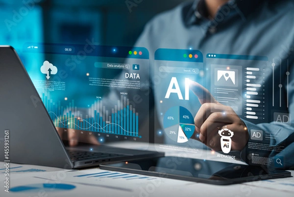 Obraz Businessman analyzes data using AI technology to work with tools, Chatbot data or chat with AI with Robot. Concept, AI smart robot technology, artificial intelligence, helping to solve work problems.