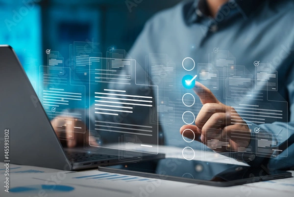 Obraz Businessman doing online survey to fill out digital document form for business performance review, document management concept, online document database and digital filing system or software.