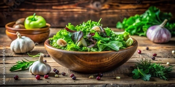 Obraz A rustic bowl filled with fresh green salad, topped with pungent garlic and fragrant herbs on a wooden table