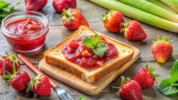 Obraz Toast slice with a pat of butter and a spoonful of strawberry rhubarb jam spread on top, surrounded by fresh strawberries and rhubarb stalks