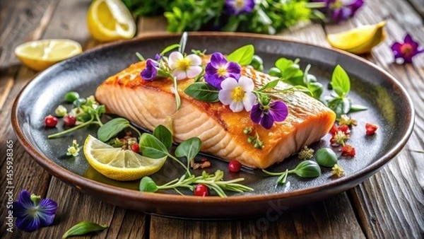 Obraz Pan-seared salmon fillet served on a plate with fresh herbs and lemon slices, garnished with edible flowers , restaurant, food