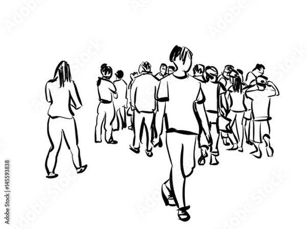 Fototapeta crowd walking ink sketch on white background