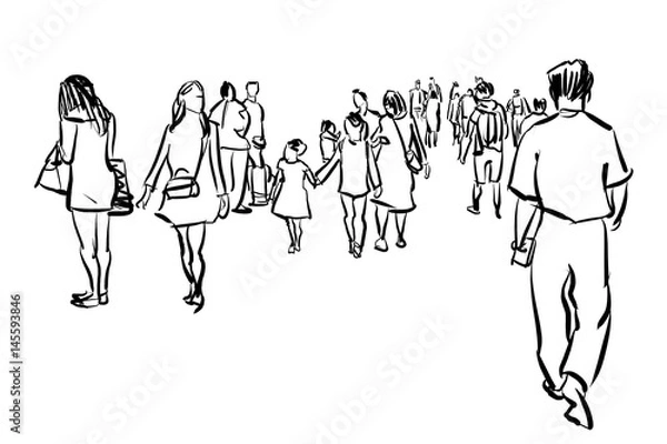 Fototapeta crowd walking ink sketch on white background