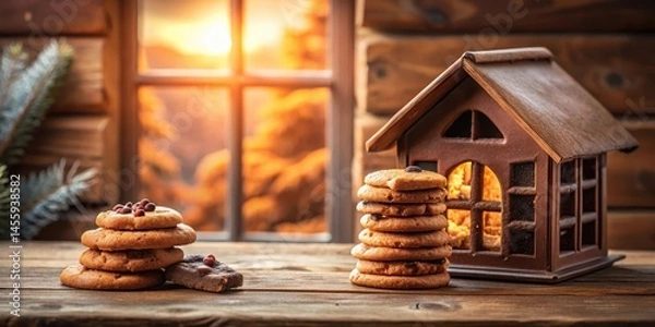 Obraz Warm cookies and chocolates stacked in a wooden house with large windows, sugar, baking,  sugar, baking,cookies