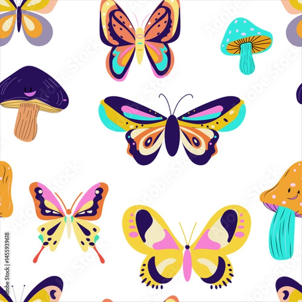 Fototapeta Seamless pattern groovy butterfly mushrooms flat vector, vibrant color