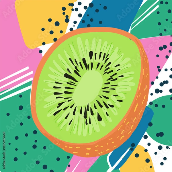 Fototapeta sliced kiwi in memphis vector style, s, pastel colors and bold outline, flat vector art