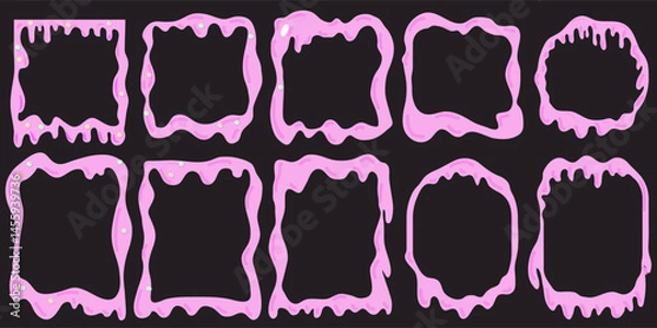 Fototapeta Pink candy drips with scattered pearls on the forms - flowing sweet streams, sugary glaze with glossy melted texture Confectionery design element.