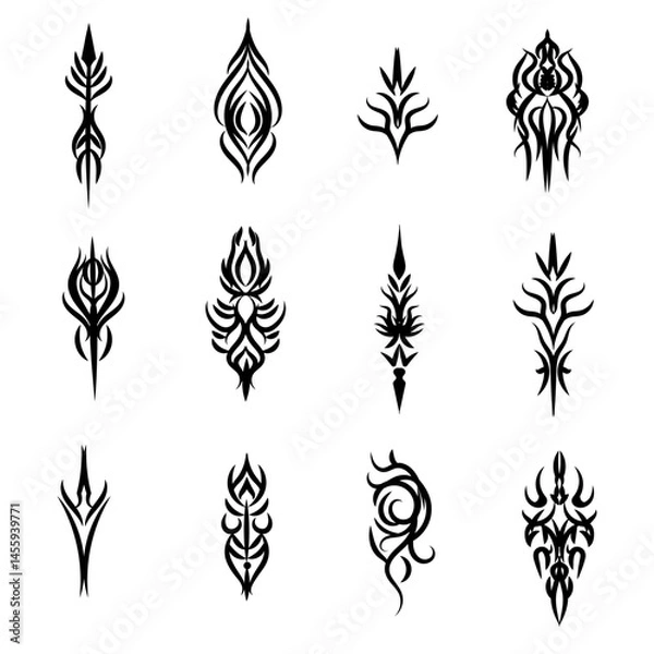 Fototapeta Neo tribal tattoo set - black symmetric decorative ethnic graphic elements collection. Stylized thorny , swirling pointed shapes, ornamental abstracted designs vector flat