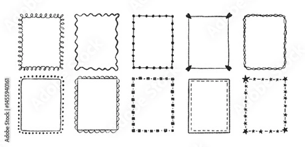 Obraz Set of outline squiggle frames with crayon, chalk or pastel texture. Design elements for photo decoration. Black vector illustration on a white background.