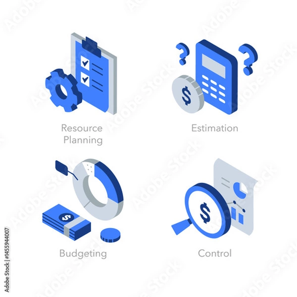 Fototapeta Simple set of isometric flat icons for cost management. Contains such symbols as Resource Planning, Estimation, Budgeting and Control.
