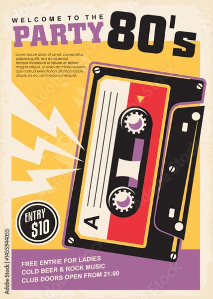 Obraz Party poster with audio tape graphic. Music and dance event invitation card template. Retro vector illustration.
