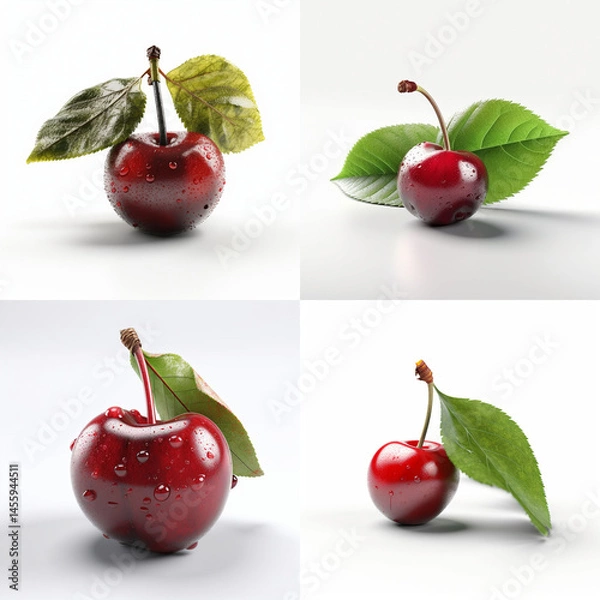 Obraz Close-up presentation of fresh, wet cherries with leaves.