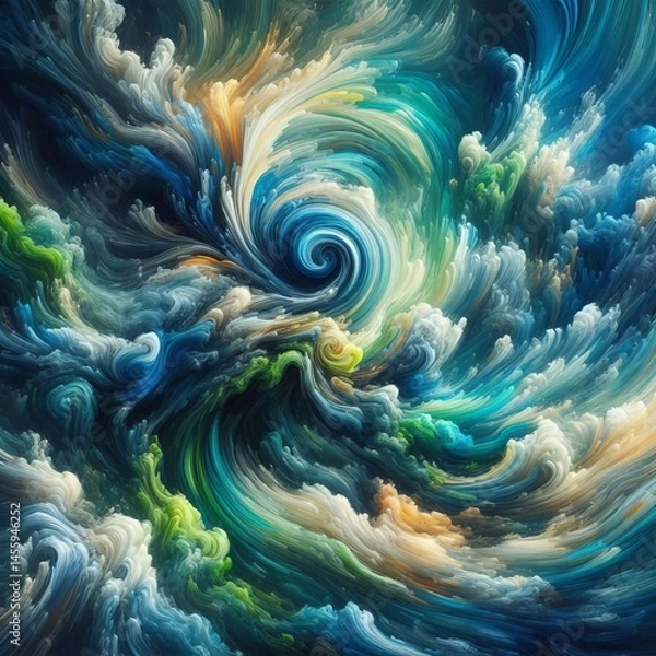 Fototapeta Turbulent swirls of vibrant blue and green paint mixing together