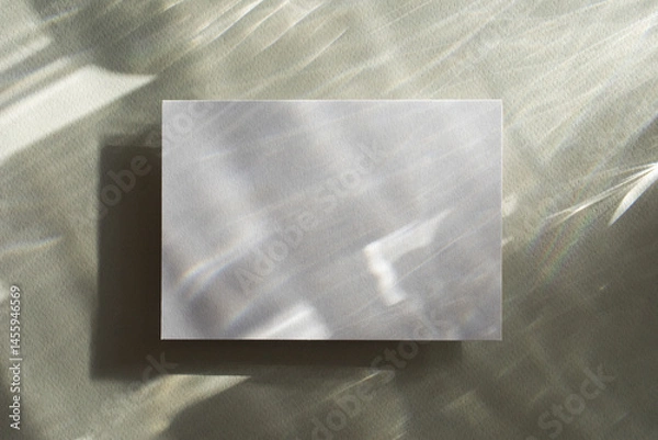 Fototapeta Empty paper card with sunlight shadows on glare green background. Natural abstract aesthetic mockup with caustic effects for design and presentation.