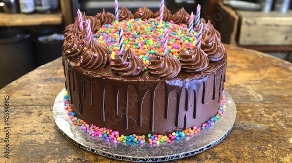 Obraz A chocolate cake with colorful rainbow sprinkles for your birthday!
