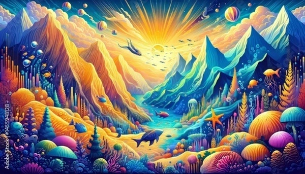 Fototapeta A lively colorful illustration highlighting underwater valleys