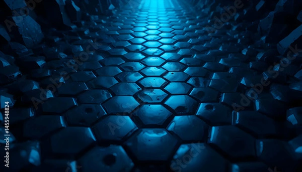 Fototapeta Abstract Hexagon Tunnel Dark Blue Glowing Pathway, Futuristic Sci-Fi Corridor, Digital Art, 3D Render