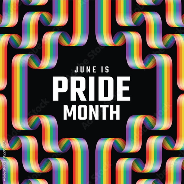 Fototapeta June is pride month Text in long line rainbow ribbon roll waving around on black background vector design