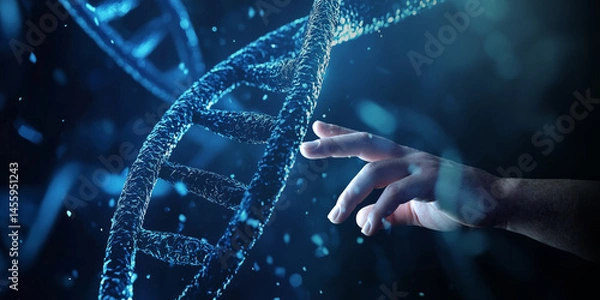 Obraz Man hand touching DNA digital hologram on dark blue background. Generative ai DNA