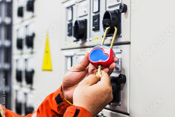 Obraz Lockout Tagout, Elektryczny system bezpieczeństwa oddzielił moc lub energię od elektryka lub pracownika.