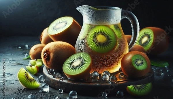 Fototapeta Drops of dew cold almost clear kiwi syrup beading on the rim of