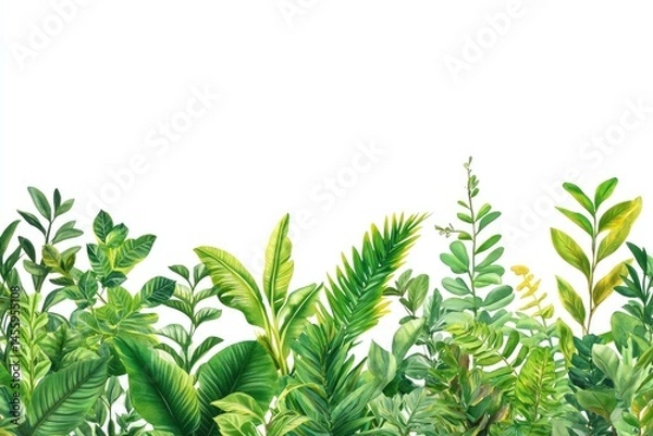 Obraz Lush tropical foliage border. Vibrant green leaves of various tropical plants arranged in a horizontal line against a white background.