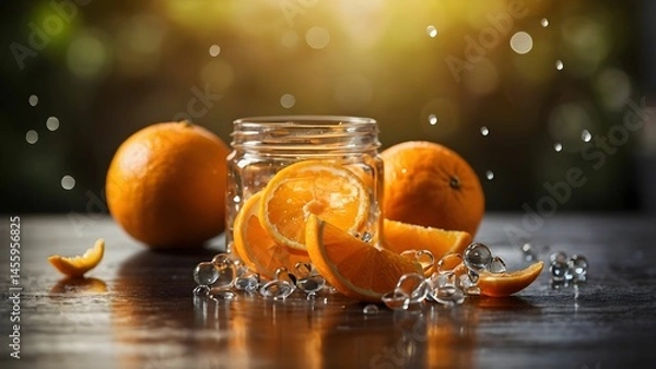 Fototapeta Bright orange fruits spill from a glass jar surrounded by glistening beads on a wooden table illuminated by soft light from an outdoor setting Generative AI