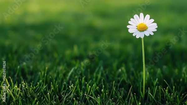 Fototapeta Single Daisy Flower Standing Tall in a Lush Green Meadow with Soft Sunlight Background