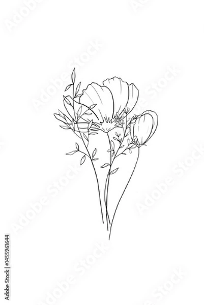 Fototapeta Sketch illustration in line art style elegant bouquet with wild flowers and herbs. Suitable for coloring books, cards, packaging and decor.