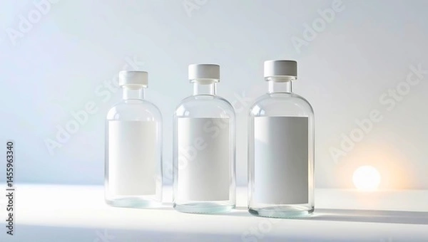 Obraz サステナブルな透明ガラスボトルのモックアップ、自然光に照らされたエコデザイン