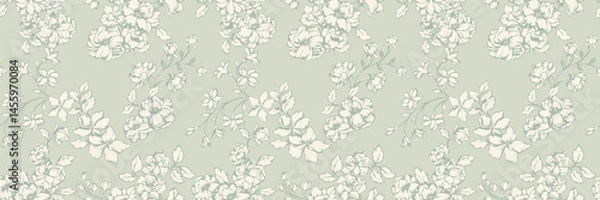 Fototapeta Elegant seamless floral pattern featuring delicate pastel blossoms with intricate line art on a light mint, soft green background. Classic botanical style for textiles, wallpapers, invitations