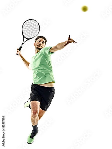 Fototapeta one caucasian  man playing tennis player isolated on white background