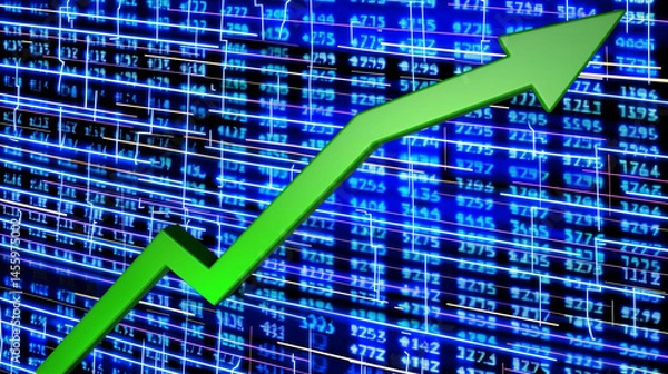 Obraz Close-up of a Glowing Green Upward Arrow Graph on a Digital Screen with Blurred Financial Charts Background, Symbolizing Corporate Stock Buybacks and Market Growth in Modern Business Economy