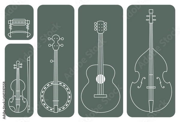 Fototapeta Country Music Instruments. Line Drawing Vector Illustration of Music Instruments of a regular Country Music Band.