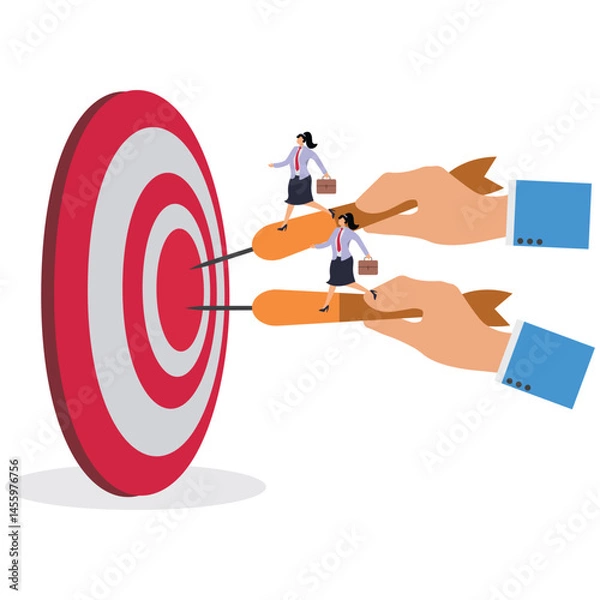 Fototapeta Set new goals and tasks to help or guide the businesswomen to reach their goals or complete their tasks, with giant hand held darts guiding the small businesswomen to the bull's eye
