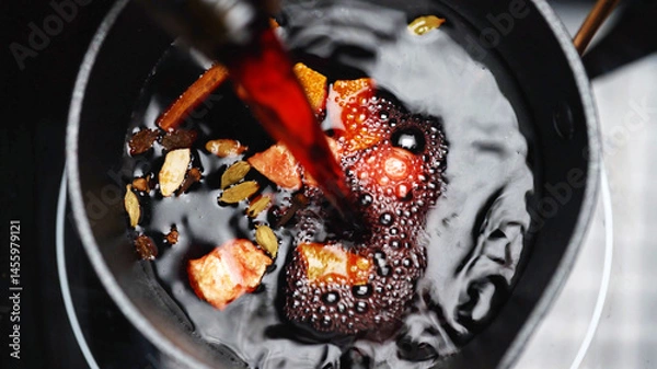 Obraz Pouring red wine into pot with fruits for mulled wine. Making of Mulled Wine.