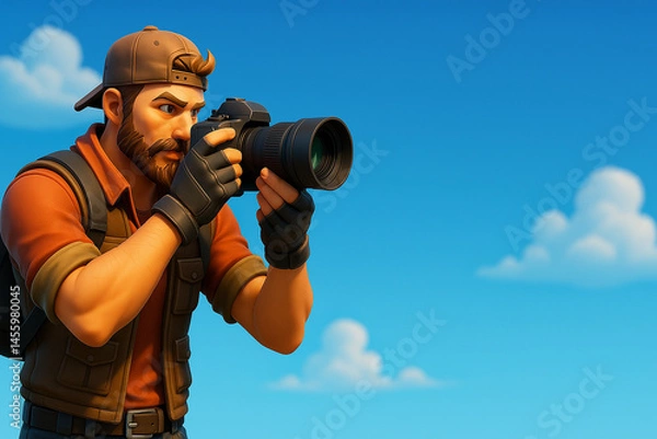 Obraz Animated photographer capturing a perfect blue sky scene outdoors