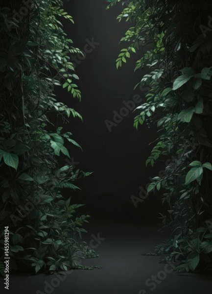 Fototapeta Deep emerald leaves, tangled vines, shadowy black background  Lush, mysterious jungle scene ,  shadows,  intricate