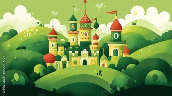 Obraz Enchanted pixelated kingdom nestled among verdant rolling hills a fairytale backdrop suitable for children's books or digital art projects
