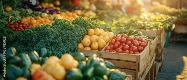 Fototapeta Fresh produce displays array of colorful vegetables and fruits stacked in rustic wooden crates under warm sunlight.