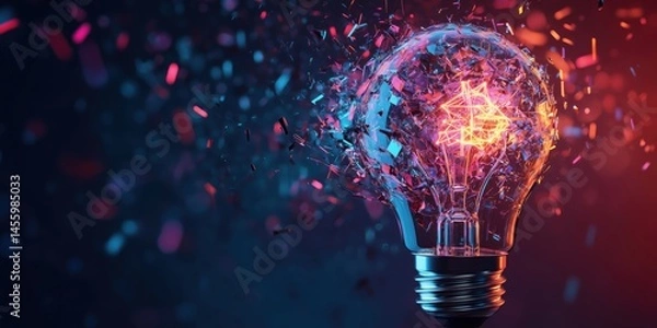 Fototapeta Exploding light bulb with vibrant colors and dynamic particles in dark background