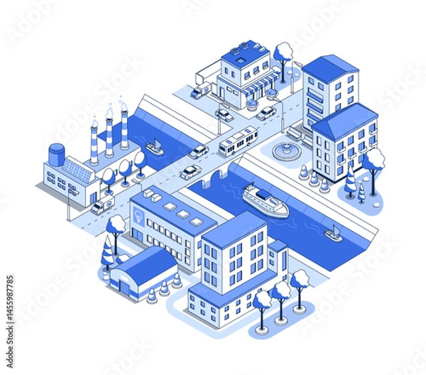 Fototapeta Water canal in the city - vector isometric illustration